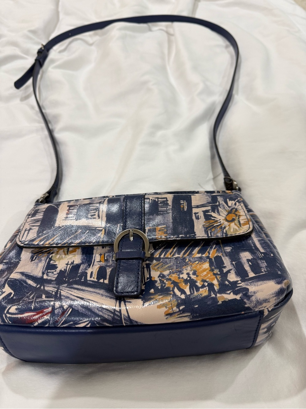 Patricia Nash Maisie Crossbody Navy Scenic Print with Buckle Accent